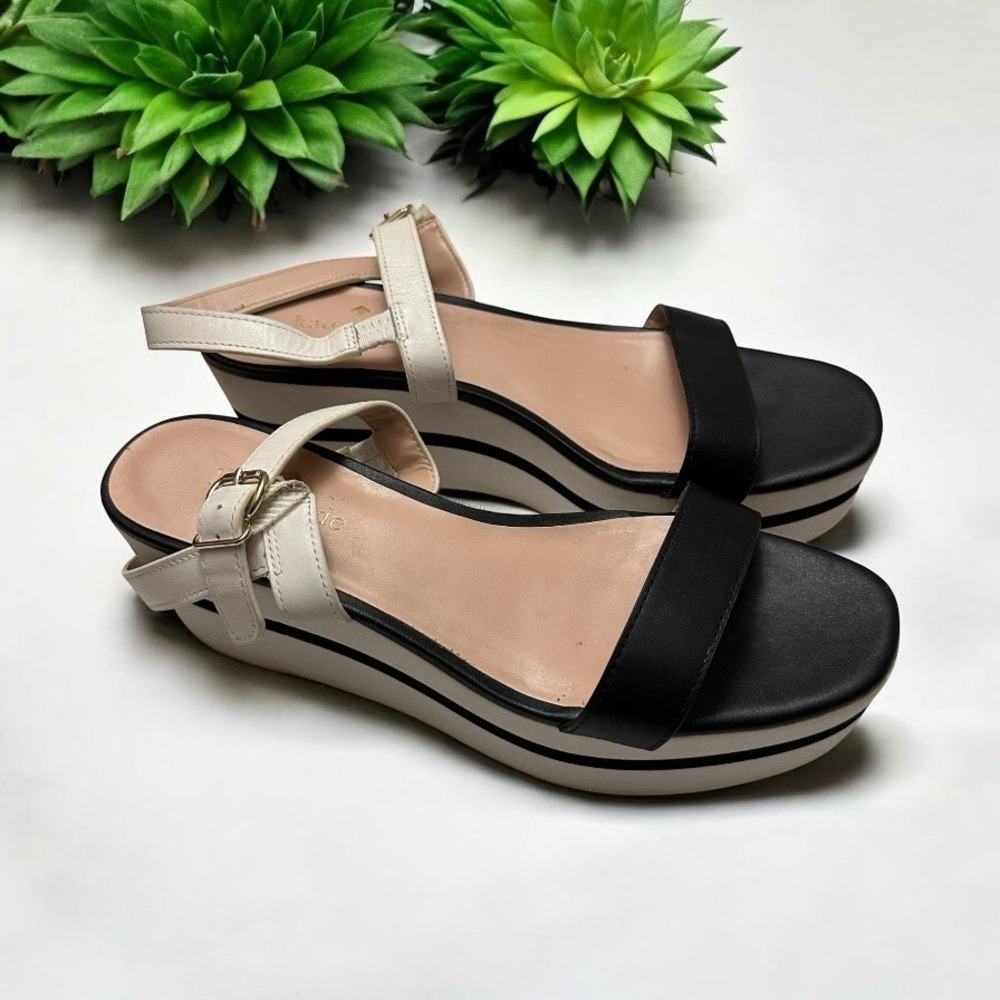 Kate Spade New York Wedge Sandals Black White 9 Womens Platform Striped Heels
